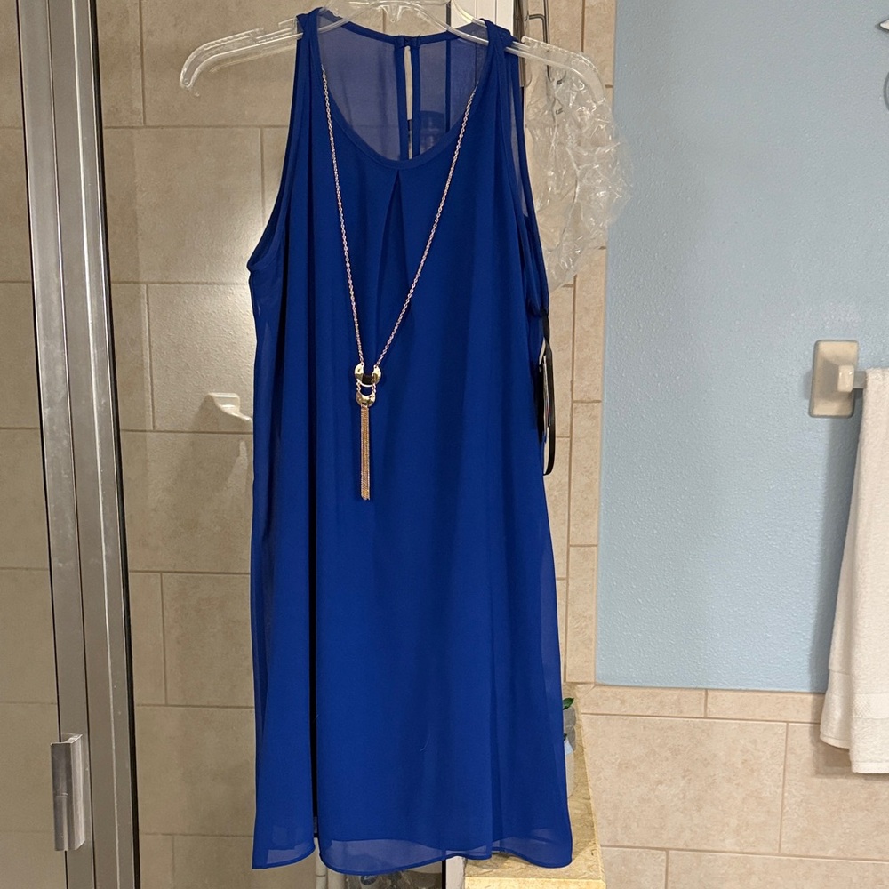 by & by Vibrant Blue Mini Dress with detachable long gold necklace